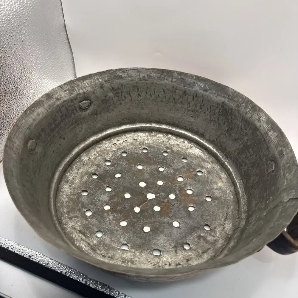 Antique Hand Hammered Copper Colander With Riveted Handles Heavy
